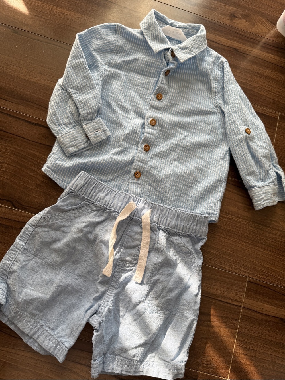Light Blue Kids Pajama Set - Button-Up Top & Drawstring Shorts